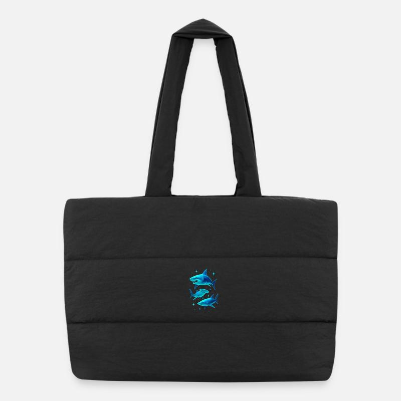 Futuristic Neon Shark Illustration - Puffer Shopping Bag - black