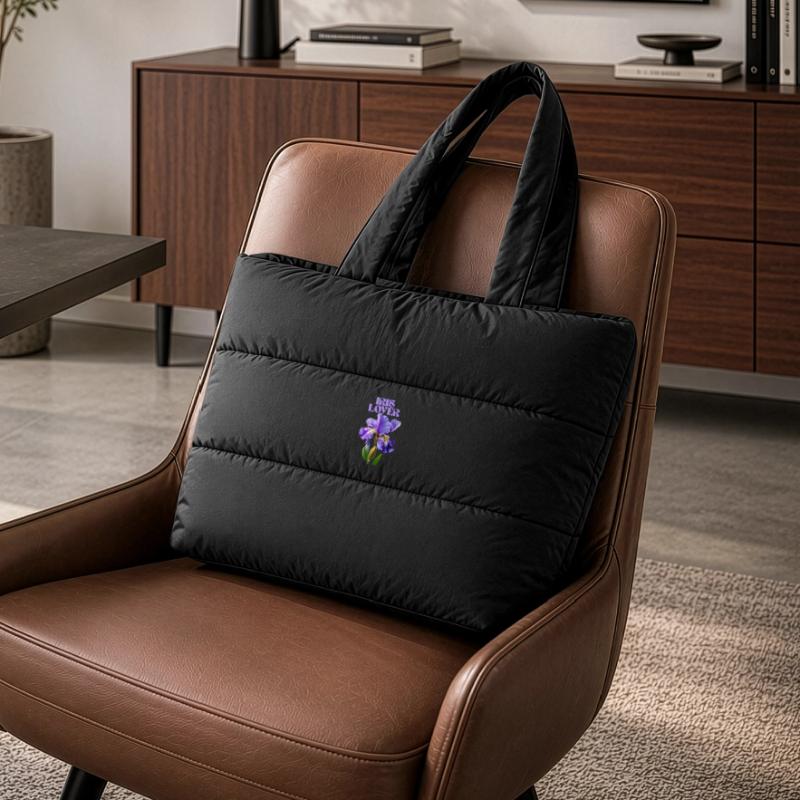 Lila Irisblume Botanisches Design Puffer-Einkaufstasche