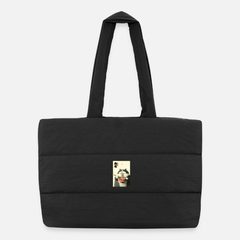 Mondbeschienene Katze schlürft Ramen - Puffer-Einkaufstasche - Schwarz