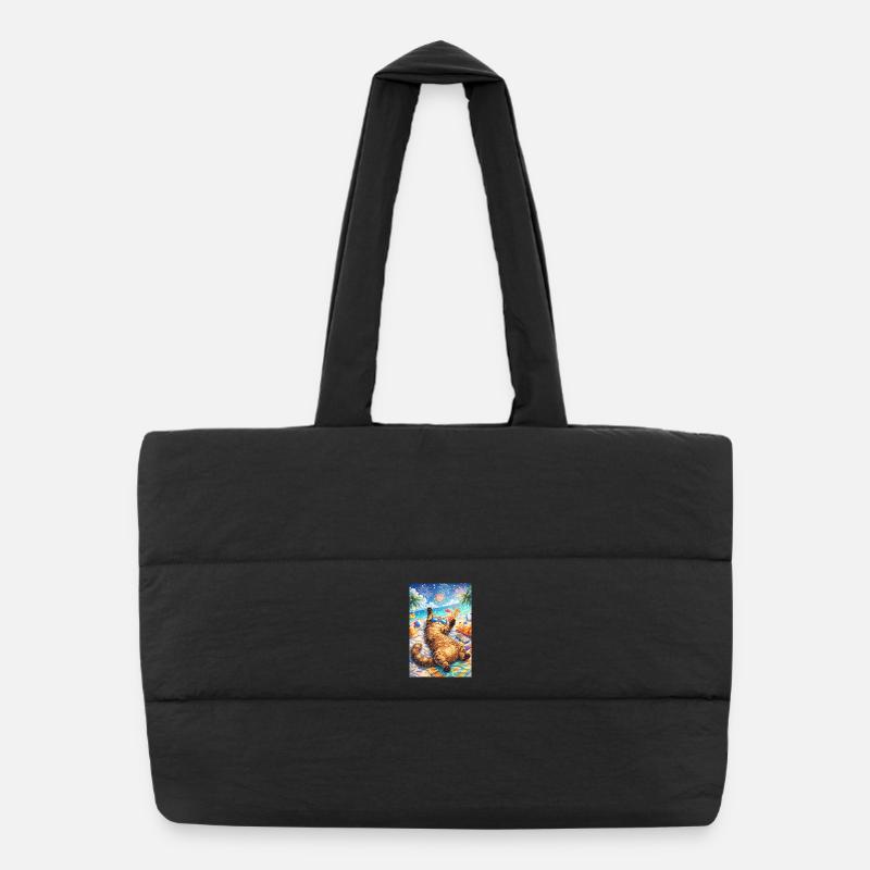 Tropical cat partying on the beach Puffer Shopping Bag