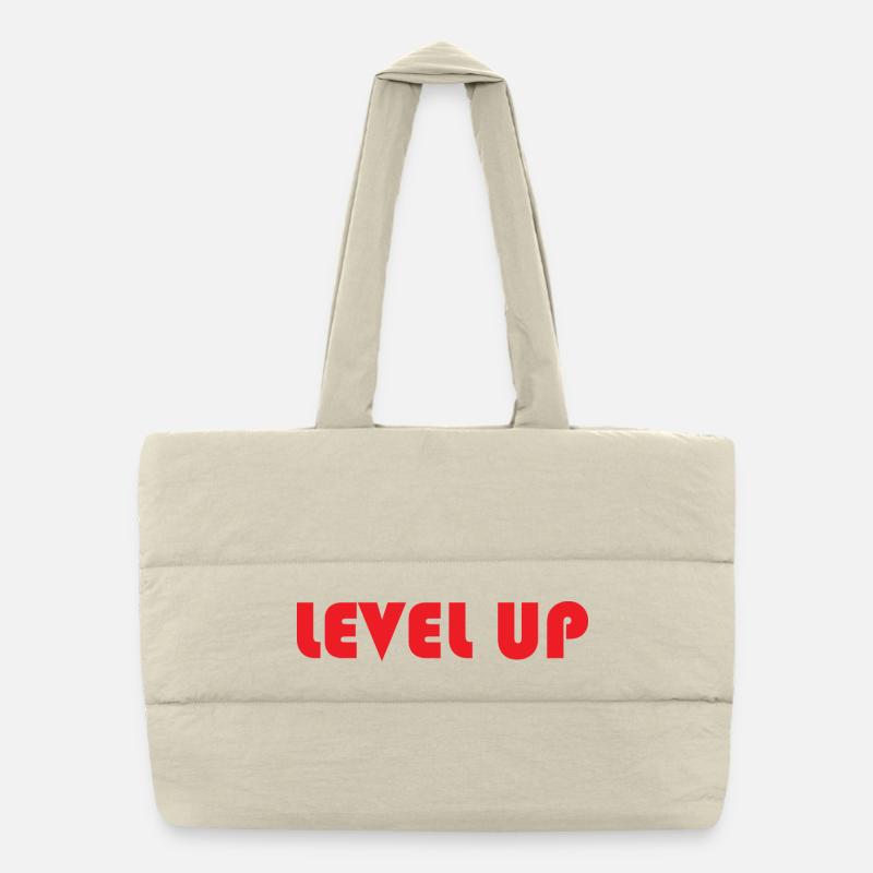 LEVEL UP-Red Text Puffer Shopping Bag