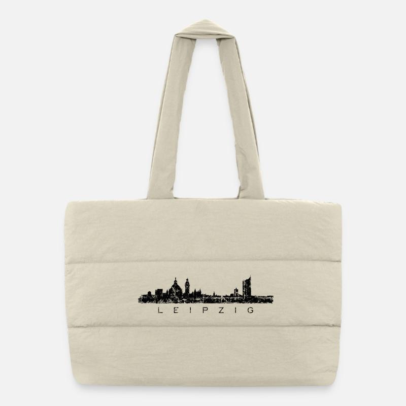 Leipzig Skyline Panorama (Vintage/Schwarz) - Puffer-Einkaufstasche - Naturweiß