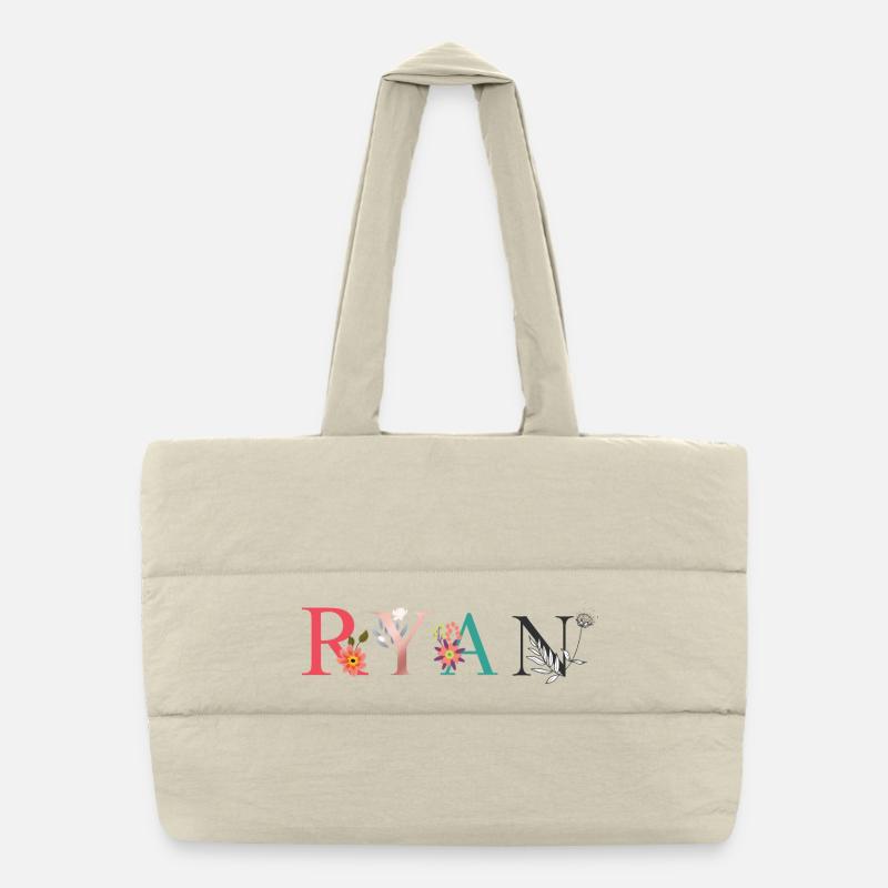 RYAN Name Art With Flowers Embroidered - Puffer Shopping Bag - natural