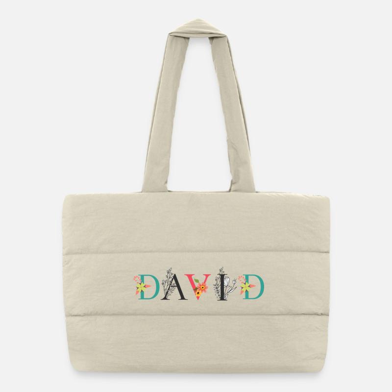 DAVID Name Art With Flowers Embroidered Puffer Shopping Bag