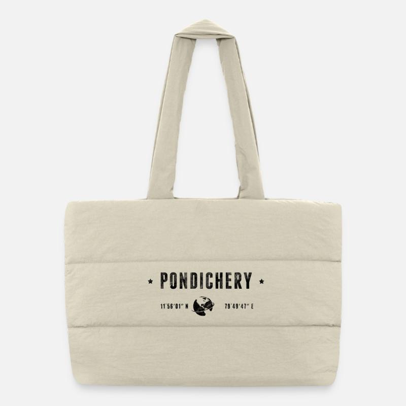 PONDICHERRY Stylized geographical coordinates - Puffer Shopping Bag - natural