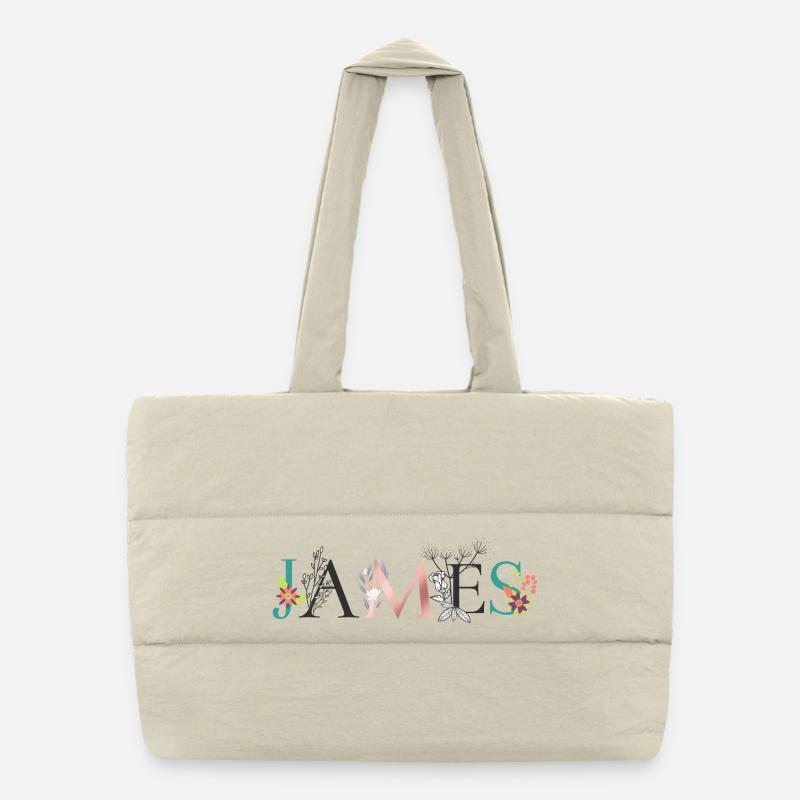 JAMES Name Art With Flowers Embroidered Puffer Shopping Bag
