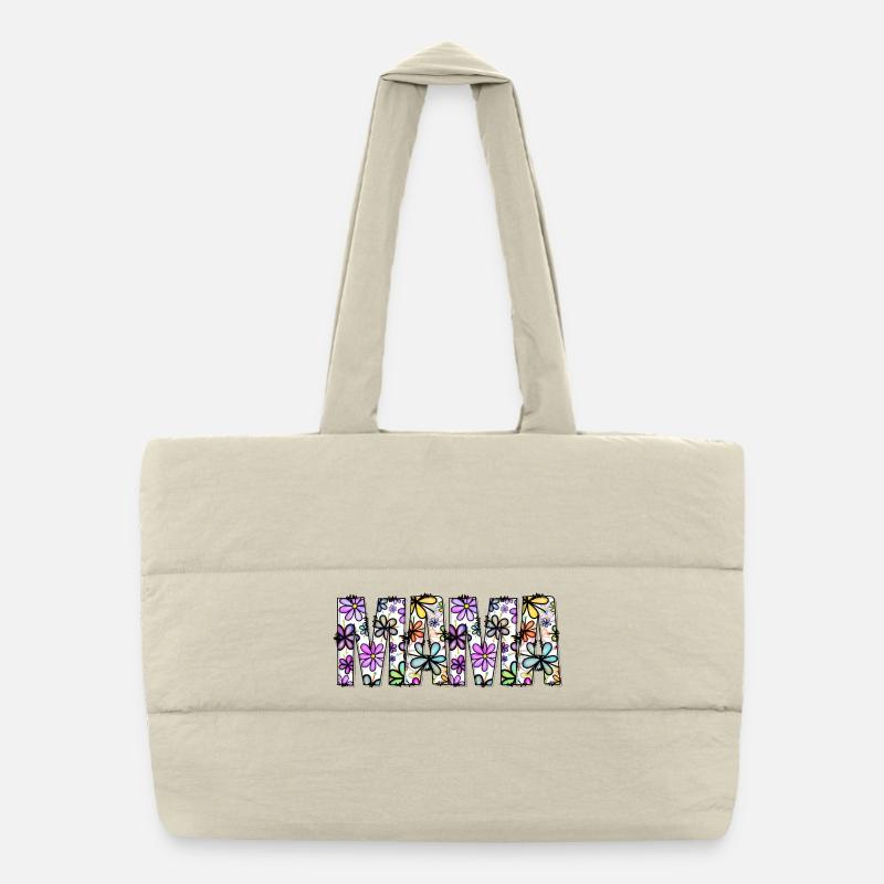 Blumenregenbogen-Wortmuster Puffer-Einkaufstasche