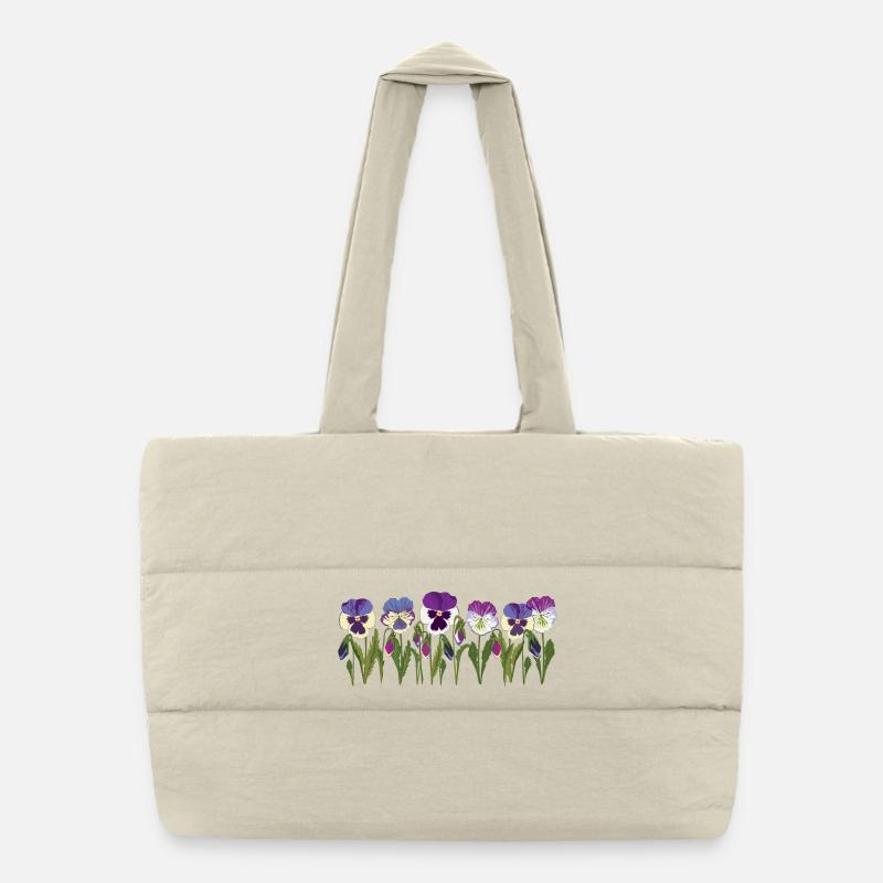 Rangée de fleurs de pensée en violet - Sac shopping matelassé - blanc naturel