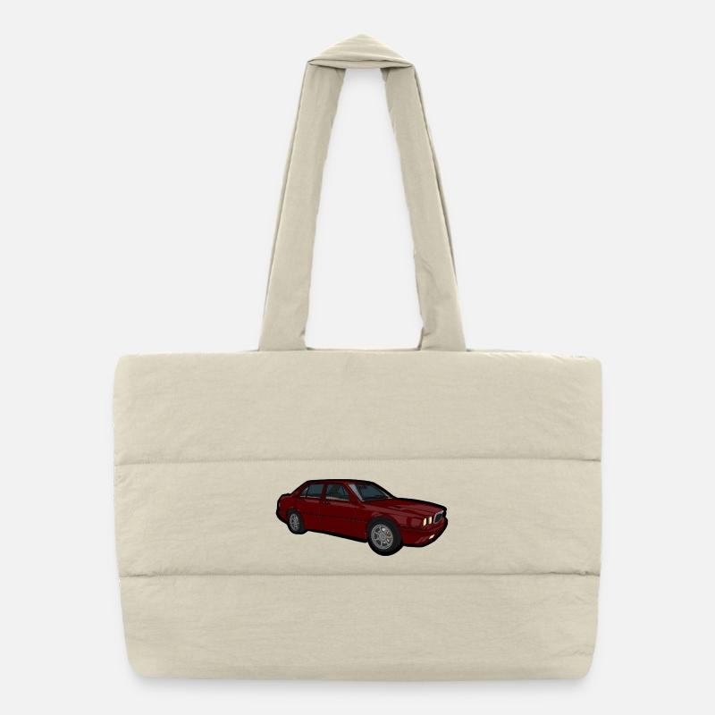 Rote Auto Illustration Retro Look - Puffer-Einkaufstasche - Naturweiß