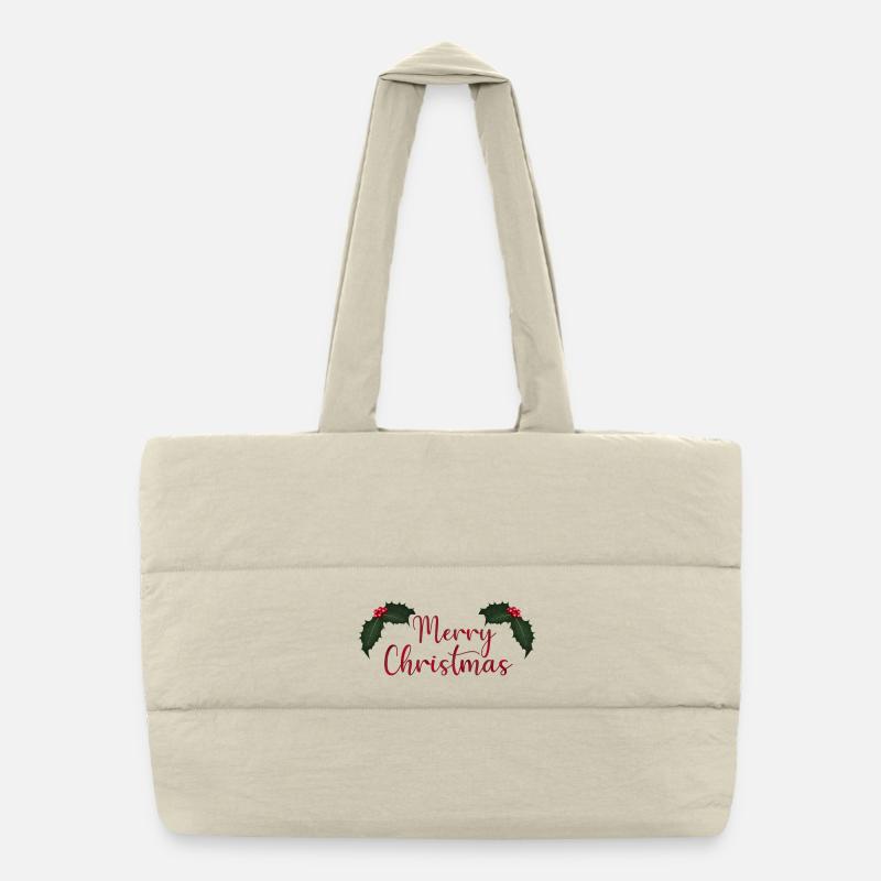 Lettrage de joyeux Noël avec houx - Sac shopping matelassé - blanc naturel