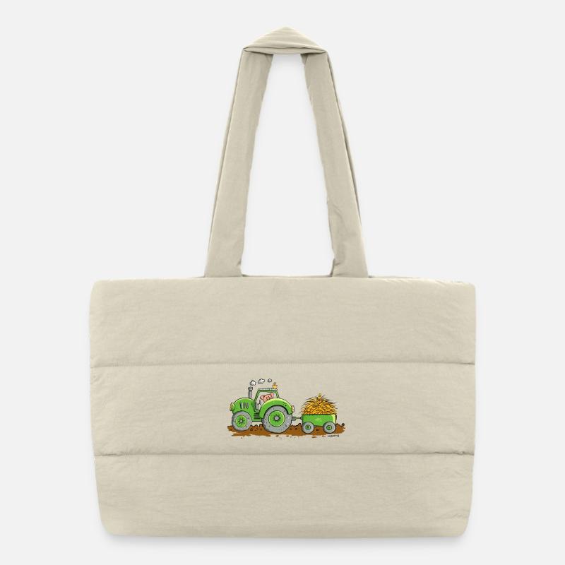 Pig drives tractor with trailer farm Puffer Shopping Bag