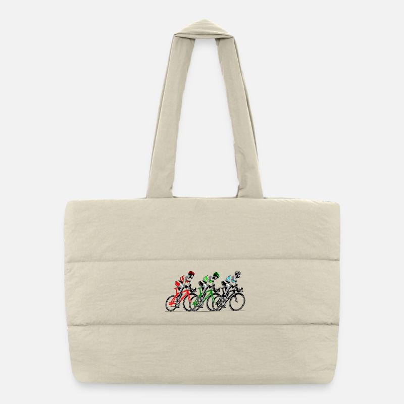 Three cyclists on the move Puffer Shopping Bag