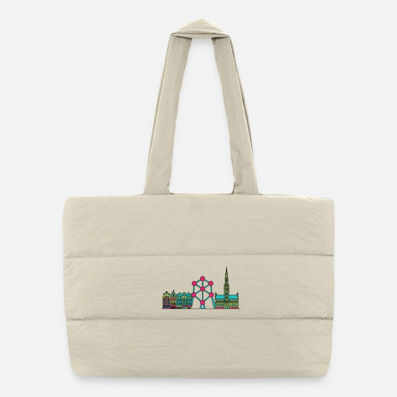 Brussels City Skyline Atomium Modern Line Art Puffer Shopping Bag