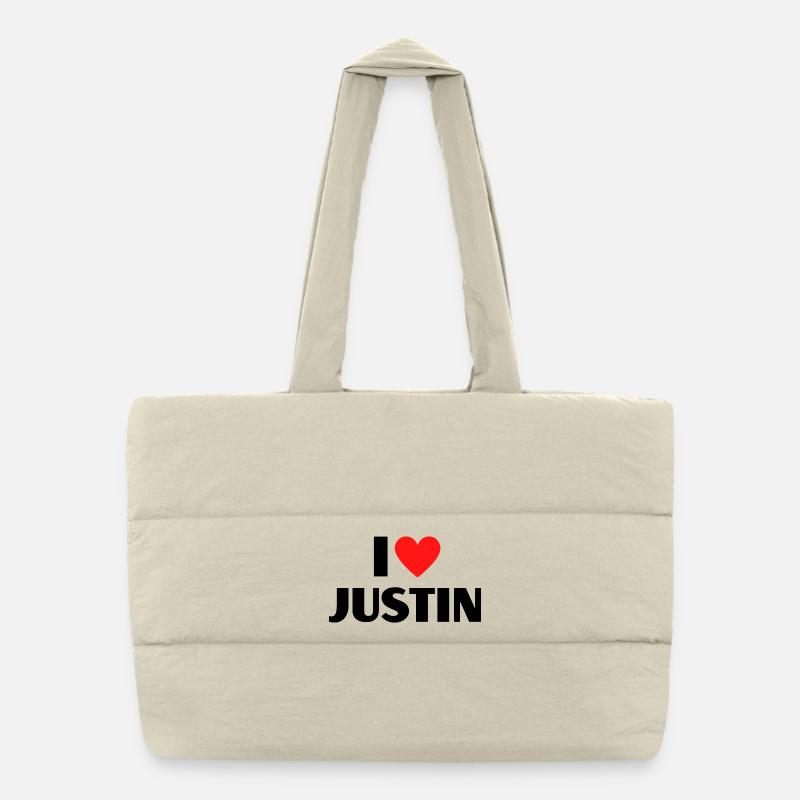 I love Justin Rotes Herz Liebe Fan Geschenk Puffer-Einkaufstasche