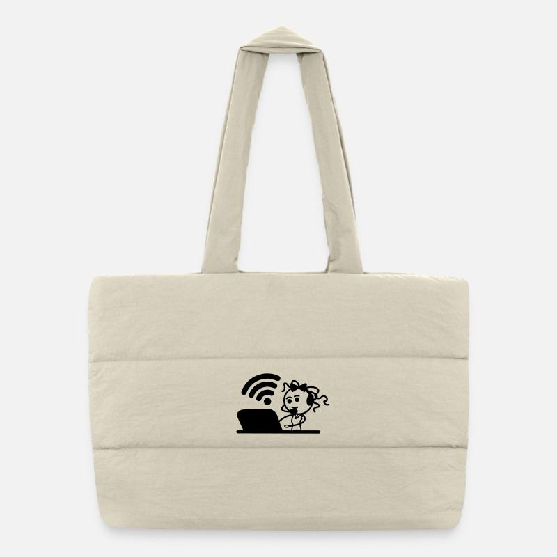 Glückliches Mädchen oder Frau auf Laptop-WLAN Puffer-Einkaufstasche