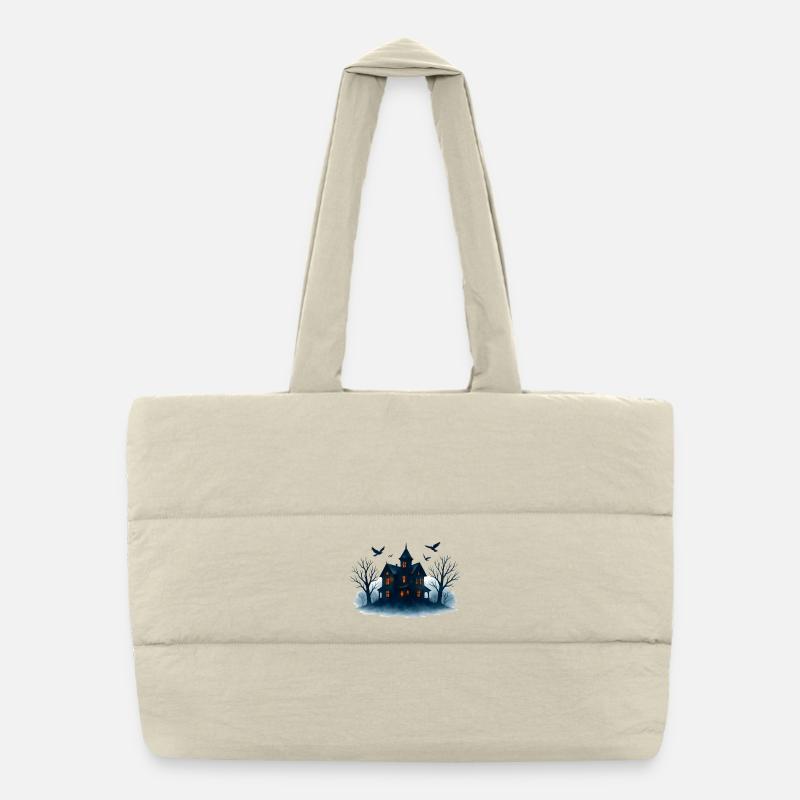 Blue Haunted House in the Moonlight Puffer Shopping Bag