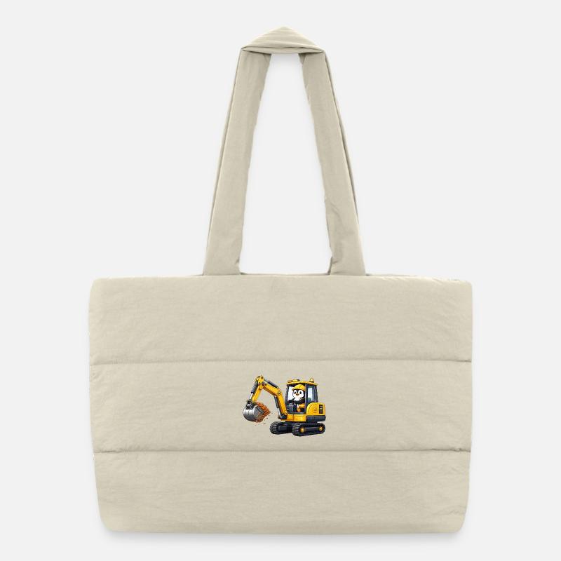 Cute Penguin Excavator Driver Construction Worker Cartoon - Puffer Shopping Bag - natural