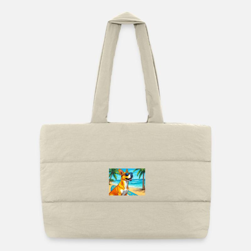 Chien de plage avec planche de surf et lunettes de soleil Sac shopping matelassé