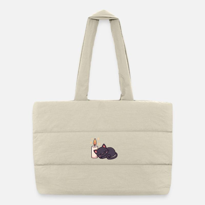 Sleeping black cat and bright candle Puffer Shopping Bag