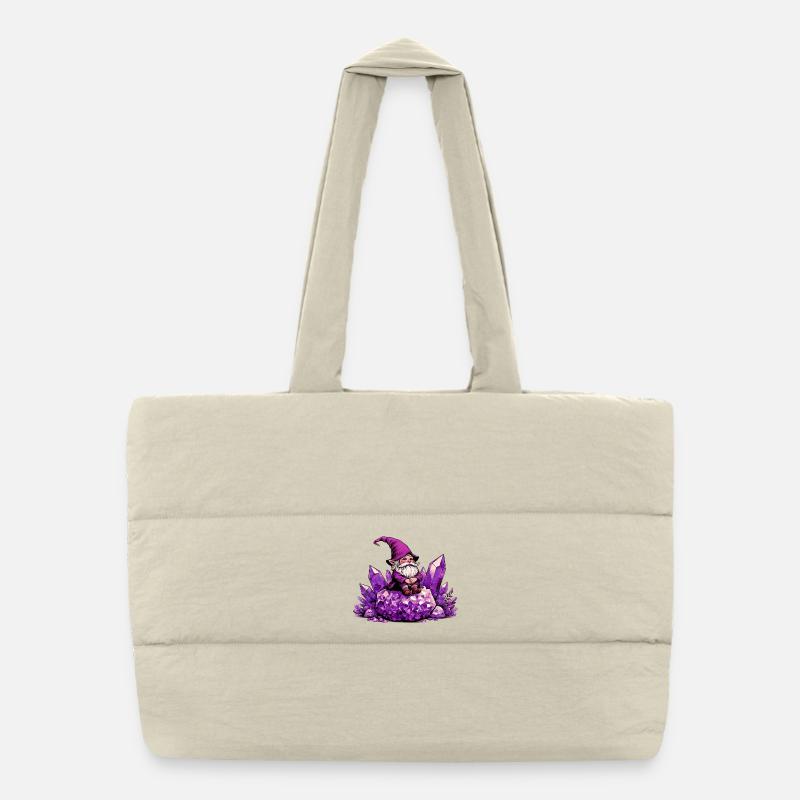 Gnome sitting on an Amethyst Crystal Puffer Shopping Bag