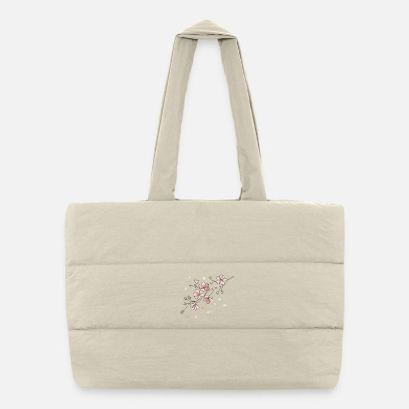 Cherry Blossom Branch Line Art Illustration Puffer Shopping Bag
