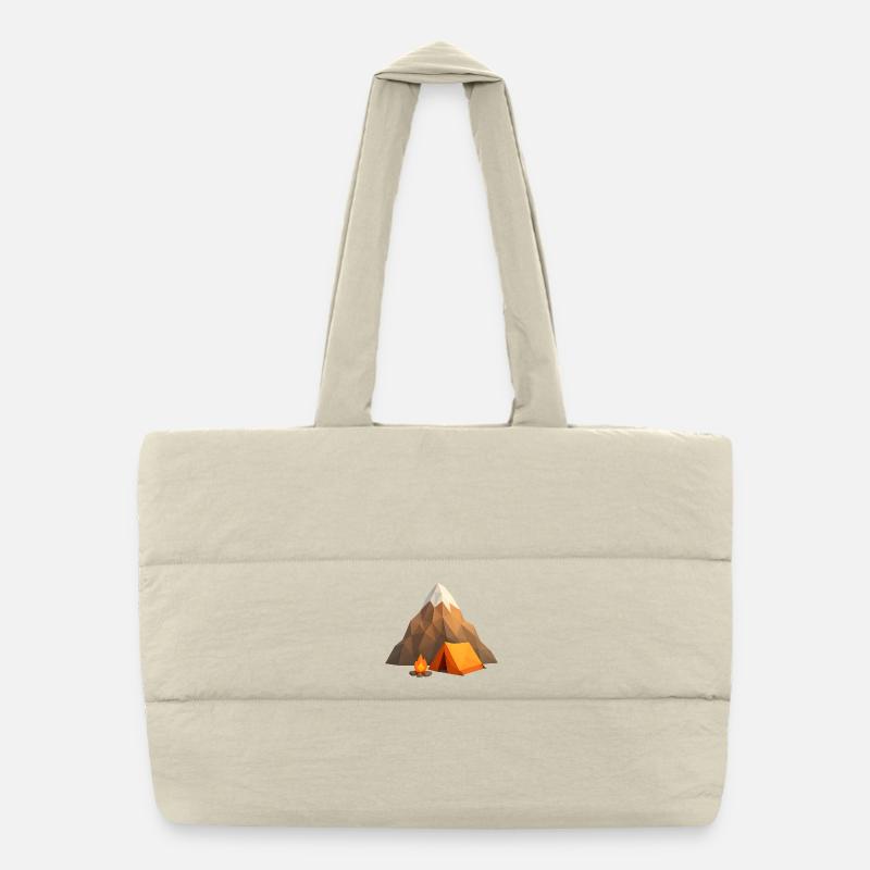 Low-poly mountain camp with tent and fire Puffer Shopping Bag