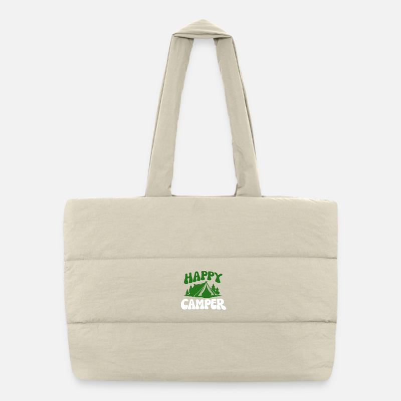 Fröhlicher Camper im Wald Puffer-Einkaufstasche