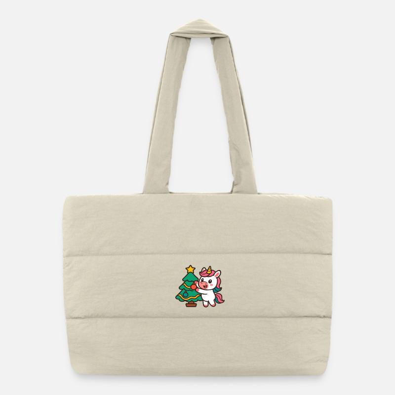 Cute Unicorn Decorating Christmas Tree Puffer Shopping Bag