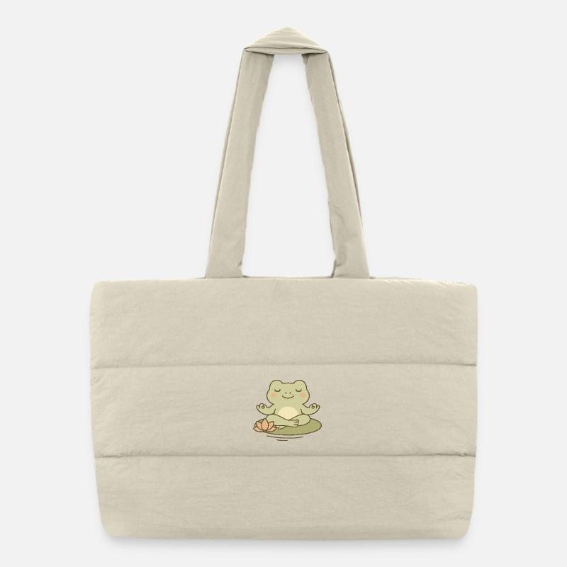 Meditating frog on water lily Puffer Shopping Bag
