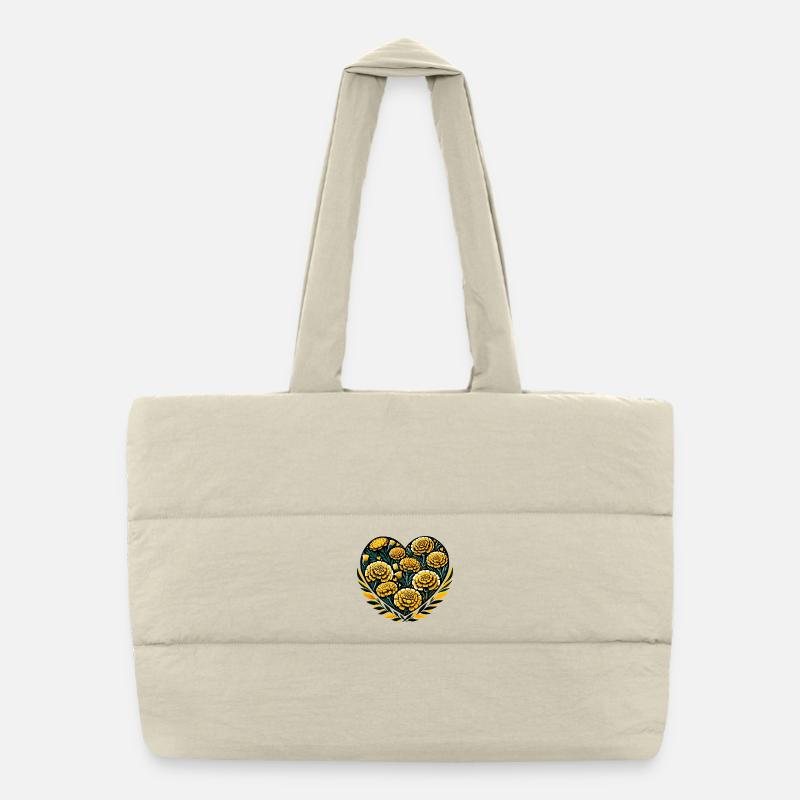 Golden Floral Heart on Black Puffer Shopping Bag