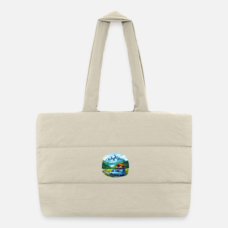 Vanlife Camper Illustration Mountain Motif Puffer Shopping Bag