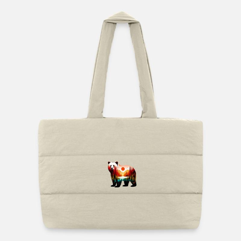 Decorated bear painted with forest landscape - Puffer Shopping Bag - natural