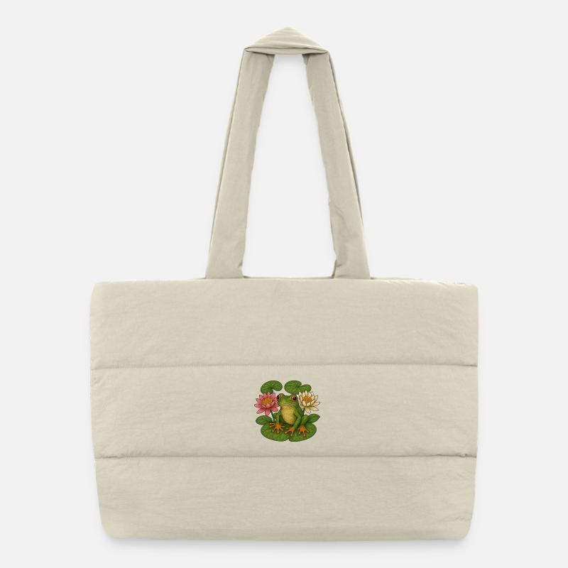 Verdant Frog Among Lotus Lilies Puffer Shopping Bag