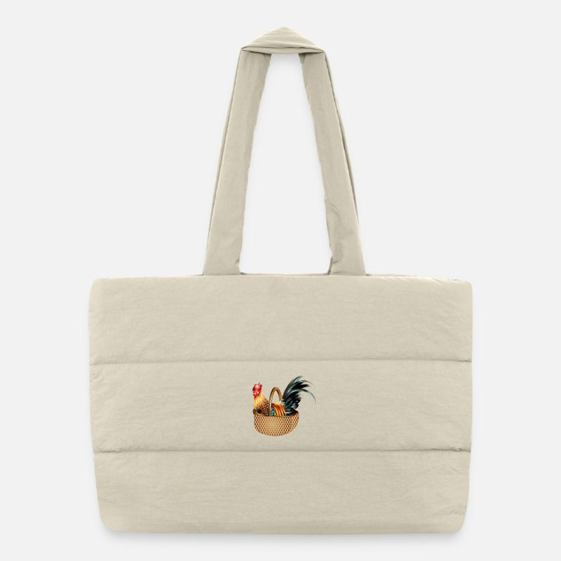 A magnificent colorful rooster sits in a basket Puffer Shopping Bag