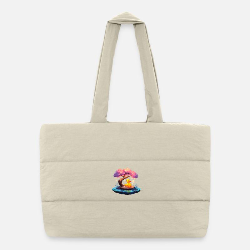 Duck on rosy tree island Puffer Shopping Bag