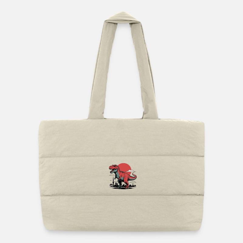 Horizon de la ville avec T-Rex et soleil en arrière-plan Sac shopping matelassé