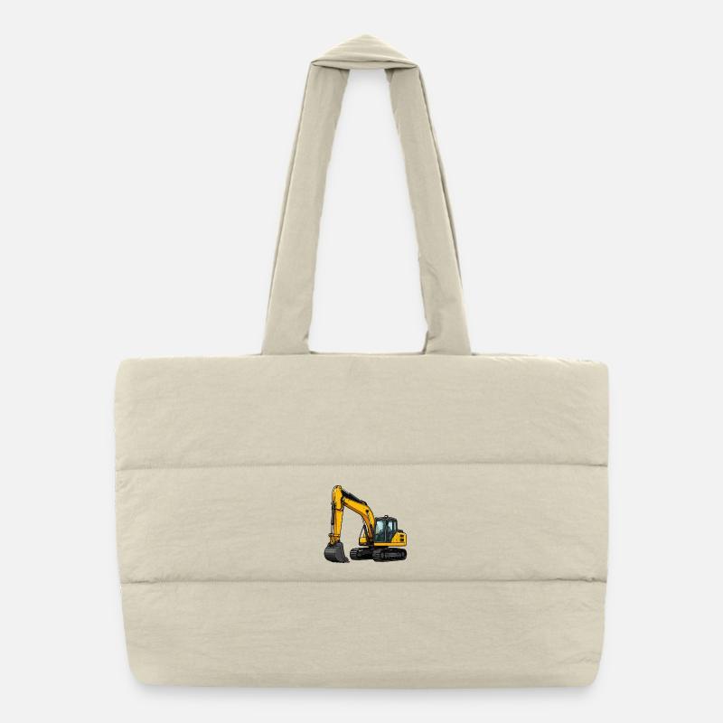 Yellow excavator on construction site Puffer Shopping Bag
