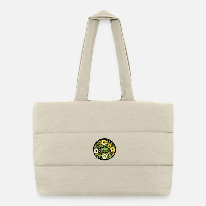 Turtle among Golden Blooms Puffer Shopping Bag