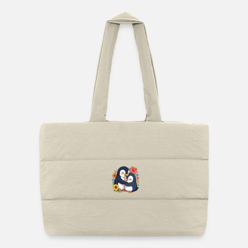 Des manchots câlins dans une mer de fleurs Sac shopping matelassé