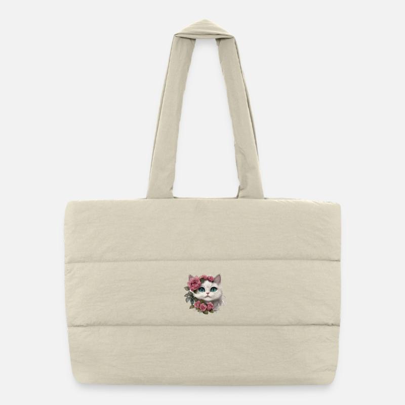 Cute White Cat With Big Eyes Puffer Shopping Bag