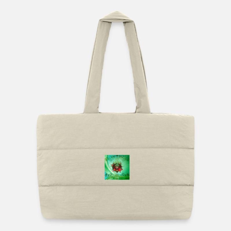 Merveilleuse tête de dragon colorée avec des fleurs. Sac shopping matelassé