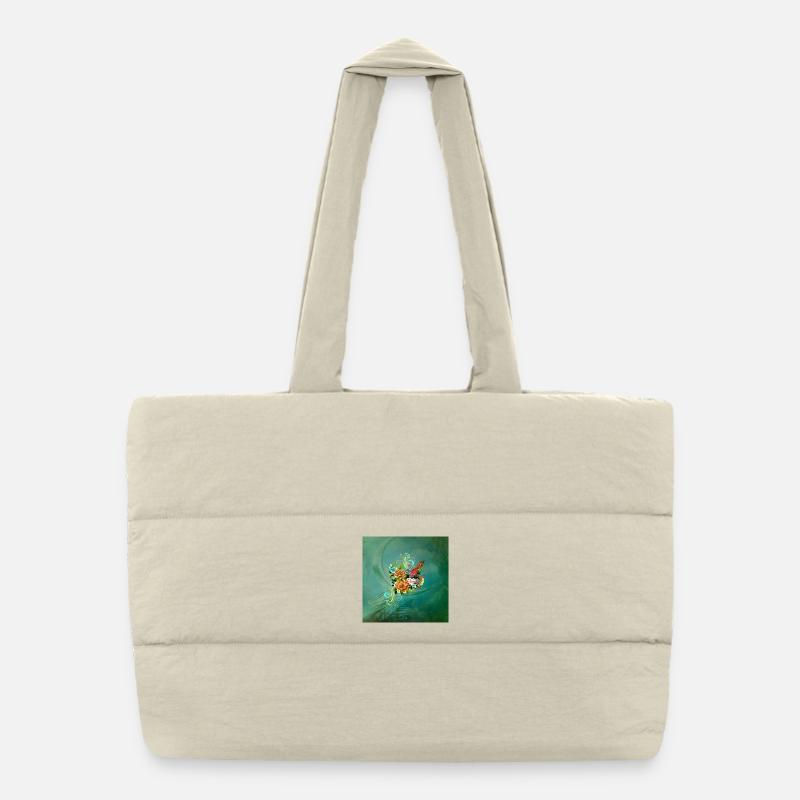 Wunderschöne elegante Blumen mit Vogel. Puffer-Einkaufstasche