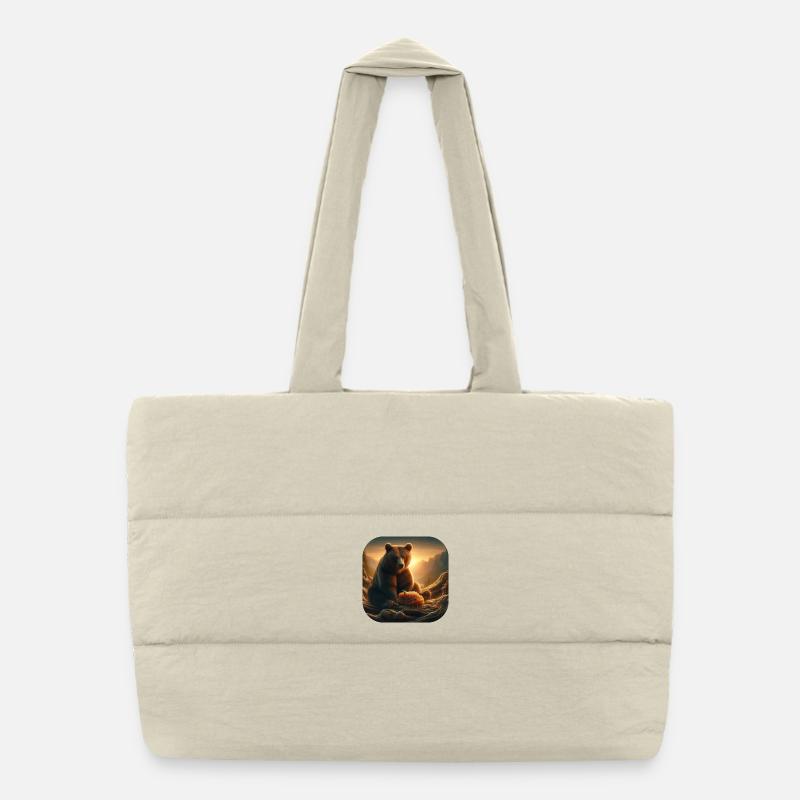 Brown bear sitting with bees honeycomb in nature Puffer Shopping Bag