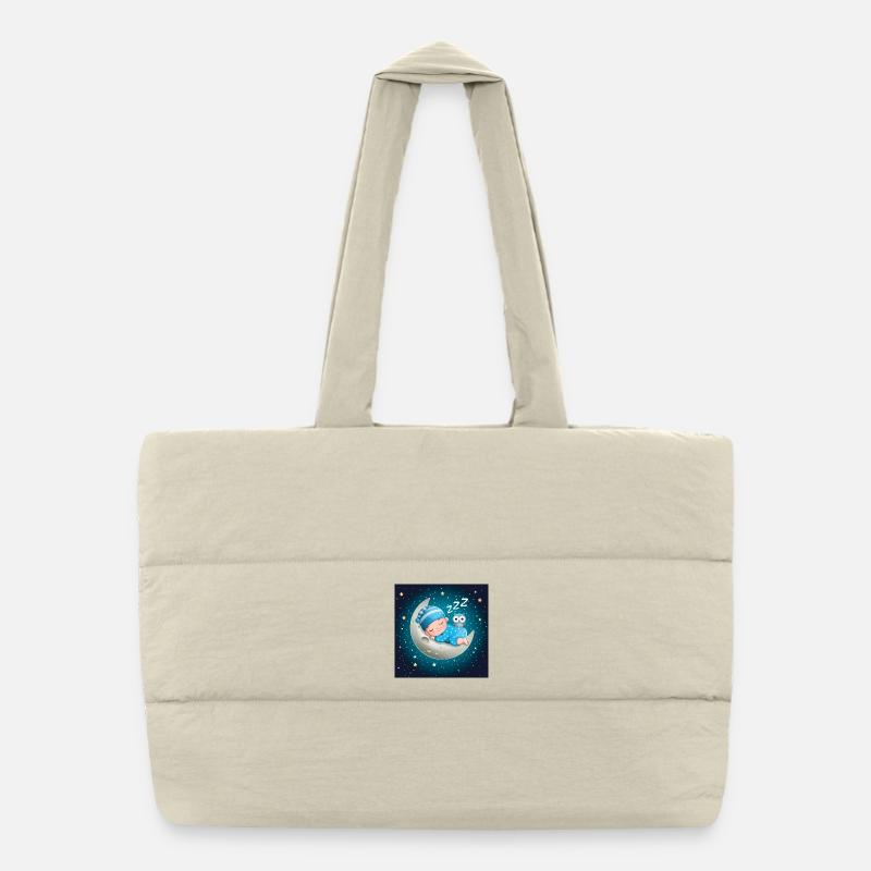 Sleeping baby boy on the moon with an owl. Puffer Shopping Bag