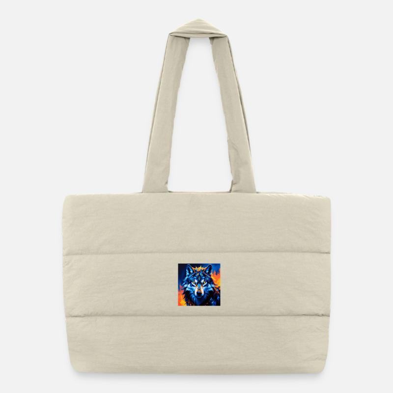 Vivid Geometric Wolf Illustration - Puffer Shopping Bag - natural