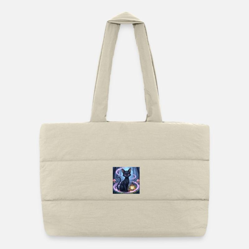 Magical black cat with lantern - Puffer Shopping Bag - natural