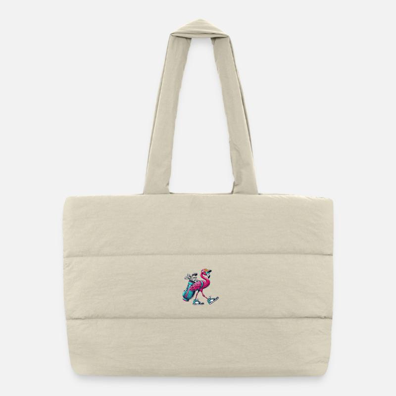 Lustiger Flamingo-Golfer-Cartoon Cooles Golftier - Puffer-Einkaufstasche - Naturweiß