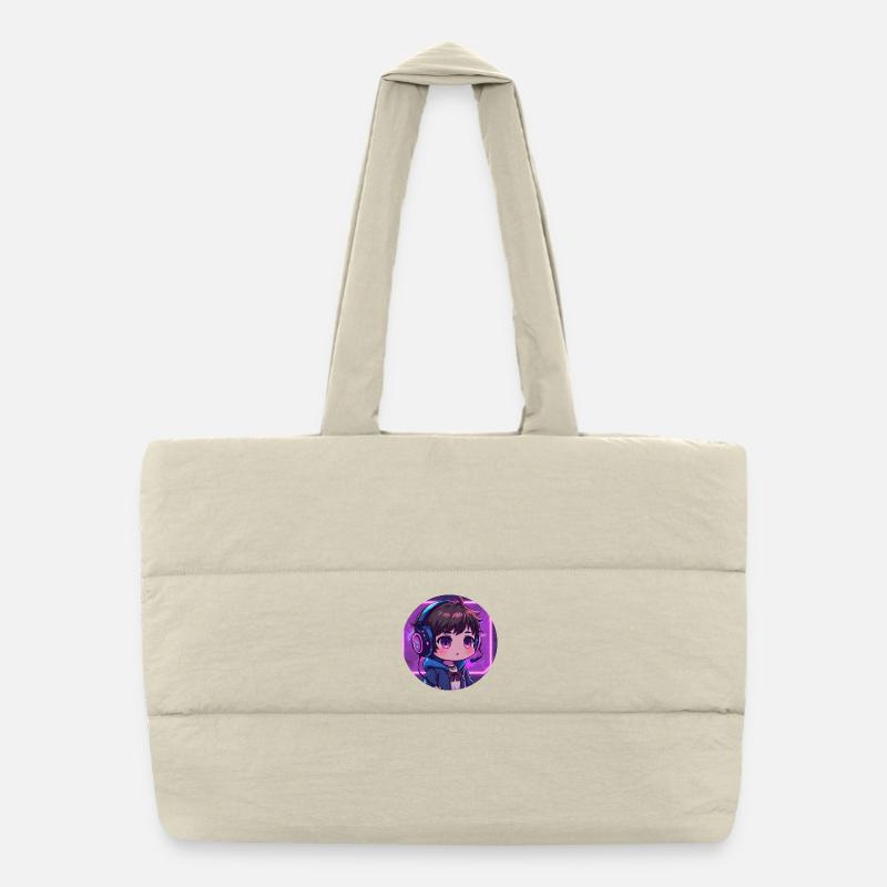 Neon Gaming Chibi with Headphones Puffer Shopping Bag