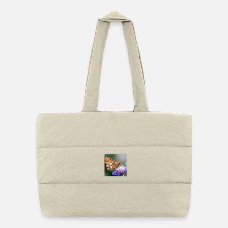 Papillon nacre sur macro fleur violette Sac shopping matelassé