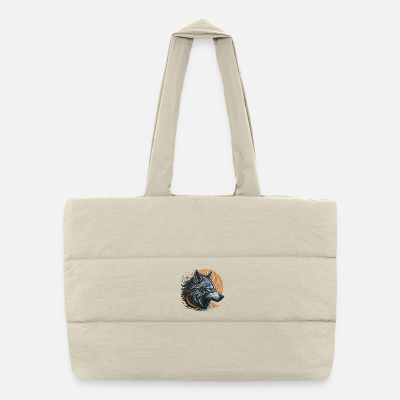 Black Wolf Under Golden Moon - Puffer Shopping Bag - natural